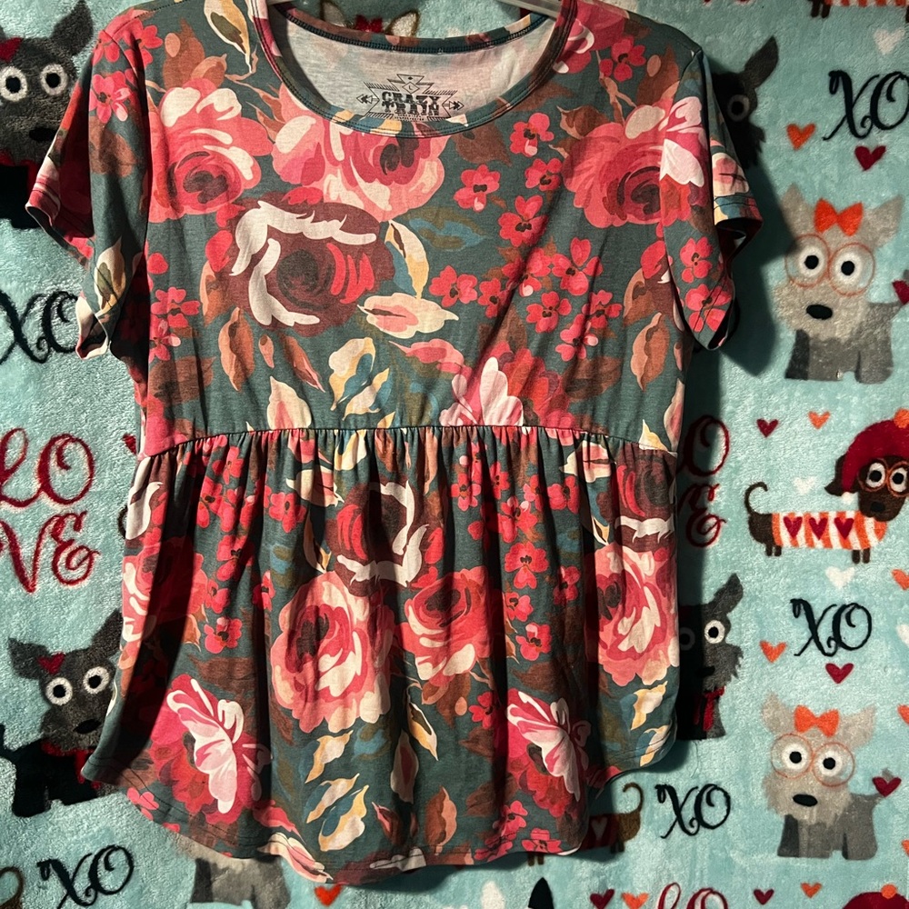 Crazy Train Floral Short Sleeve Shirt Size Large